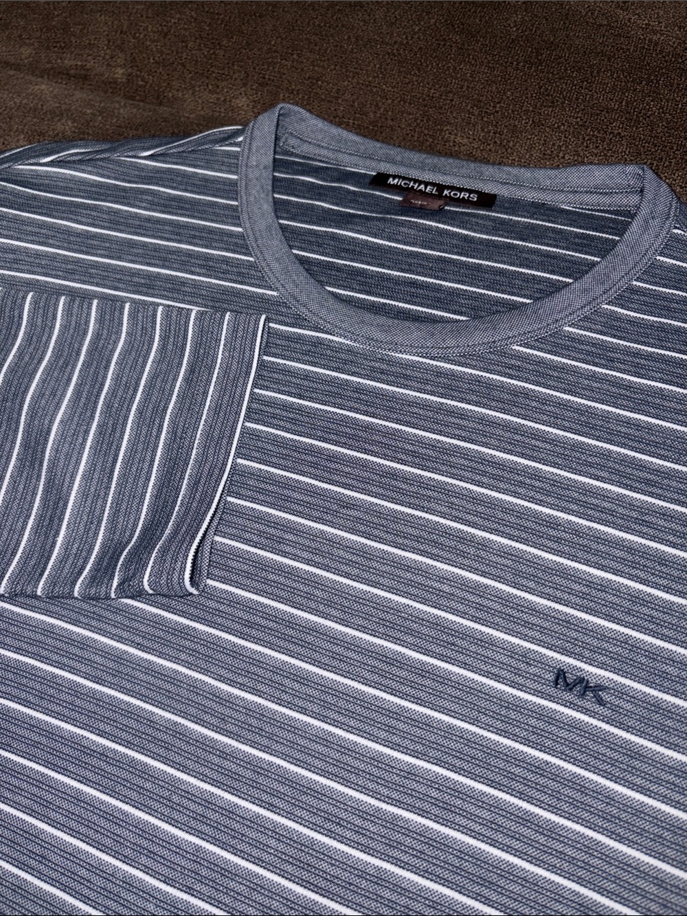 Michael Kors Men's Crew Neck, Slate Blue and White Striped Long-Sleeve Tee